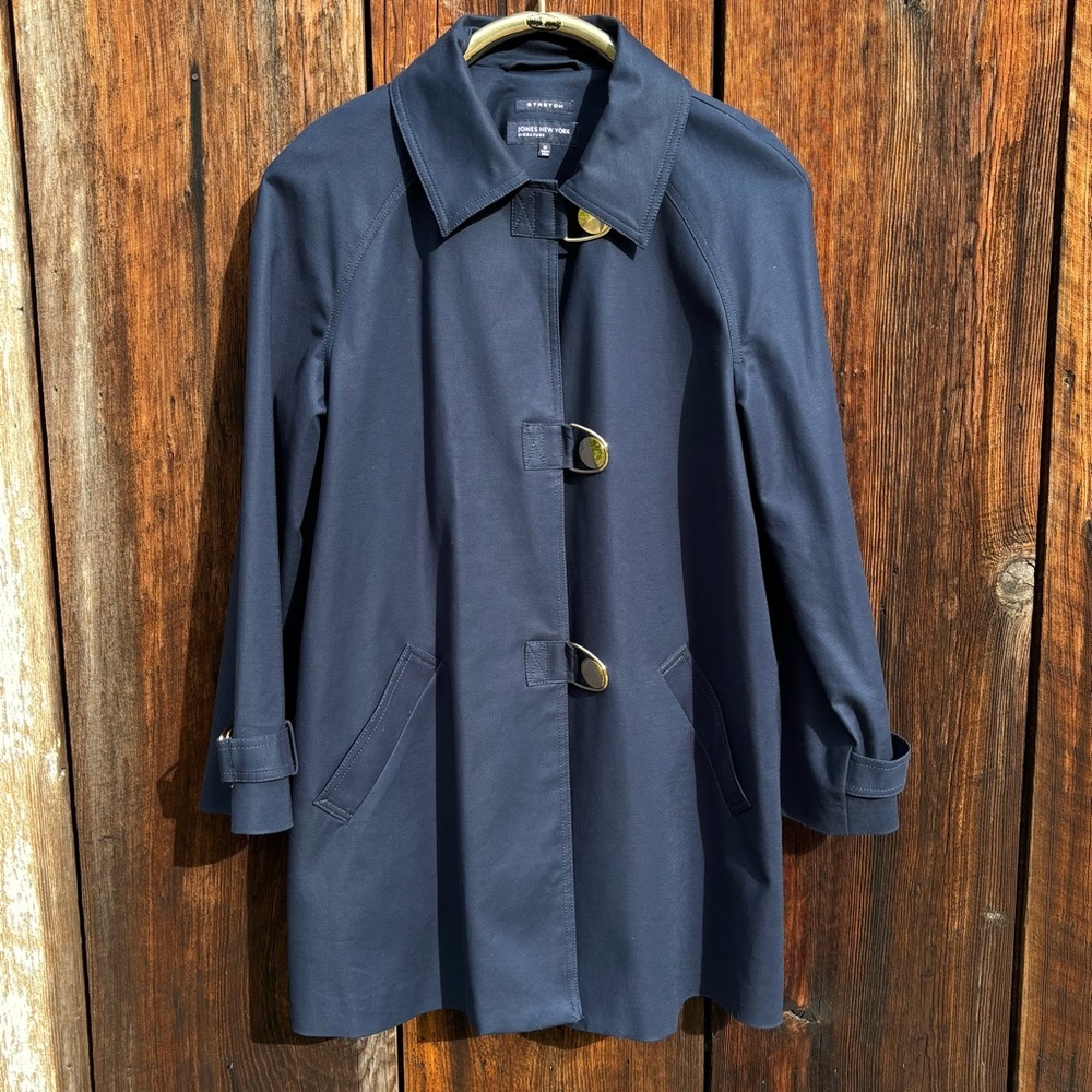 Jones New York Dark Blue Trench Coat-Snap Button Closure and Cuffs Size M
